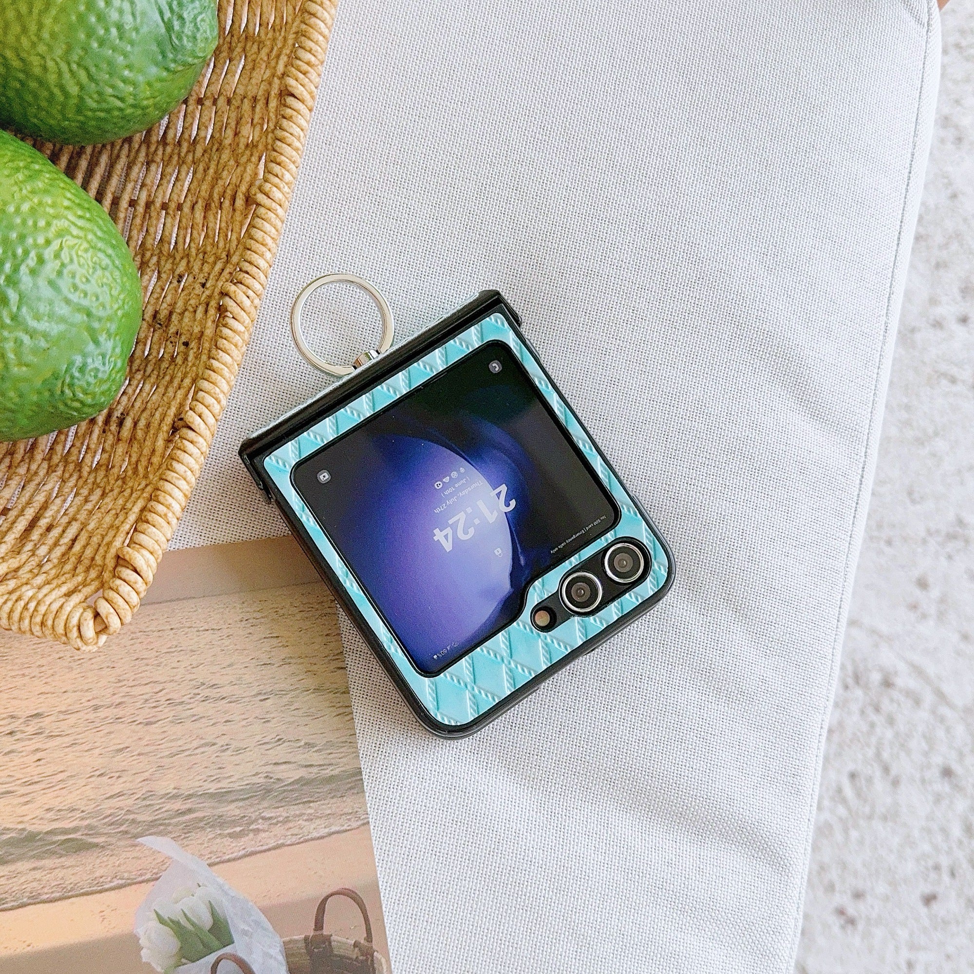For Samsung Galaxy Z Flip6 5G Rhombus Imprinted PU Leather Coated PC Phone Cover with Ring Kickstand - Baby Blue For Samsung Galaxy Z Flip6 5G Rhombus Imprinted PU Leather Coated PC Phone Cover with Ring Kickstand - Baby Blue